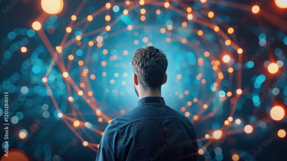 Poster a person stands facing a swirling abstract background of lights and patterns, evoking a sense of won
