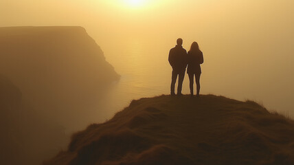 Naklejka premium Couple Silhouette at Sunset Clifftop: A romantic silhouette of a couple standing hand-in-hand on a clifftop, overlooking a misty ocean at sunset. The golden light casts a warm glow.