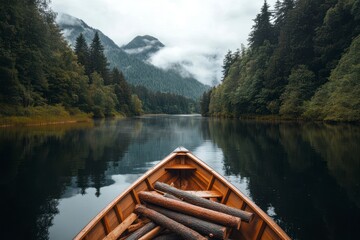 Obraz premium Serene boat journey across a tranquil lake surrounded by misty mountains and lush green forests at dusk. Generative AI