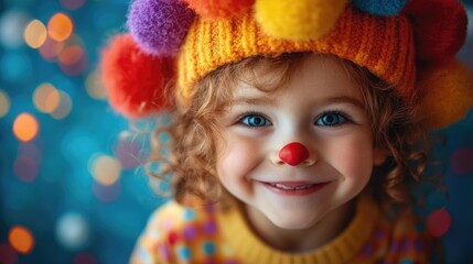 Fototapeta premium A little girl in a clown costume celebrates April Fools' Day. A child girl in a bright holiday costume with a smile on her face. A little clown.