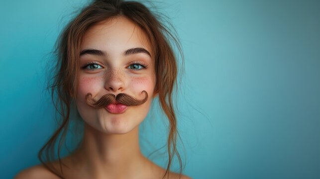 Young girl playing a fake moustache prank. Portrait of young woman with fake moustache celebrating April Fools' Day.