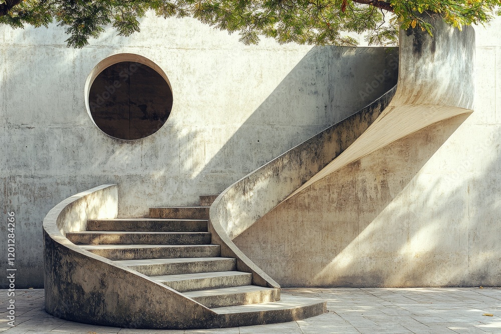 Poster unique spiral staircase design with circular window by a concrete wall surrounded by greenery