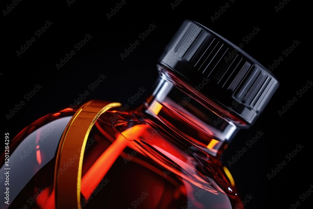 Poster a detailed view of a glass bottle filled with a clear or colored liquid, ideal for use in product sh