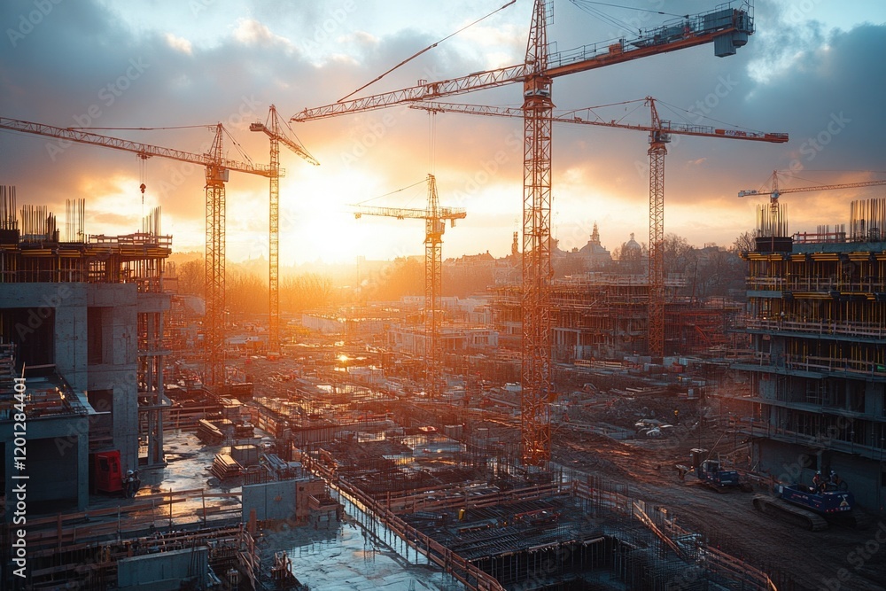 Poster workers on a busy construction site surrounded by multiple cranes