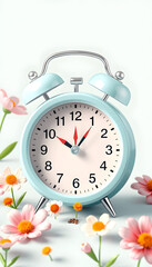 Alarm clock with spring flowers. Spring time, daylight savings concept, spring forward, vector style, with white tones