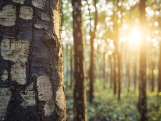Obraz premium Sunlight filters through a serene forest, illuminating the texture of tree bark