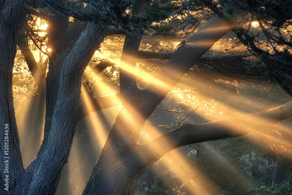 Poster a serene natural scene with sunlight shining through tree branches, ideal for use in environmental o