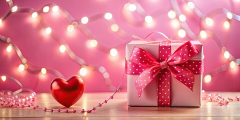 Fototapeta premium A pink Valentine's gift box, heart patterned, rests on a pastel pink garland, adorned with a red ribbon bow.