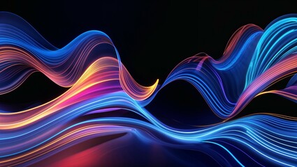 Dynamic blue lines create an abstract wave pattern with a colorful light effect