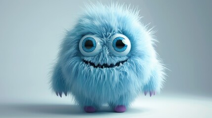 Fototapeta premium Cute Fluffy Blue Monster with Big Eyes and a Smile