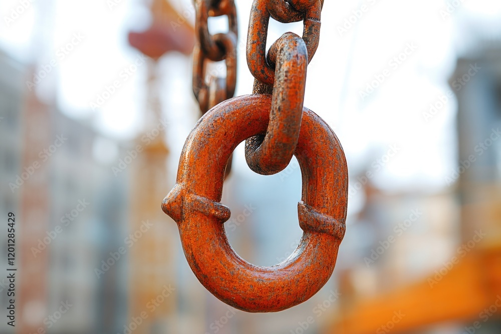 Poster a close-up shot of a rusty chain with a cityscape in the background
