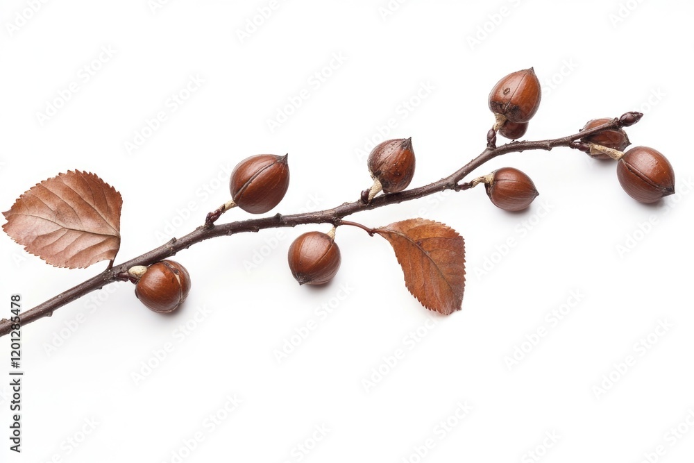 Poster a natural scene of a branch with leaves and nuts, suitable for environmental or nature-themed projec