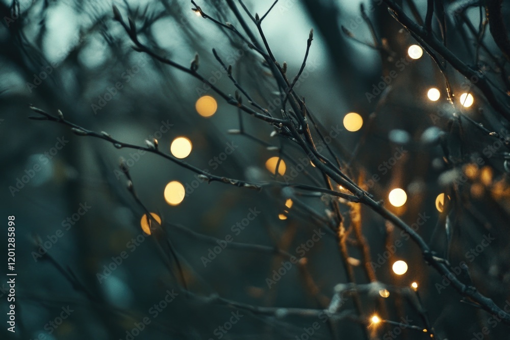 Poster string lights adorn the branches of a tree