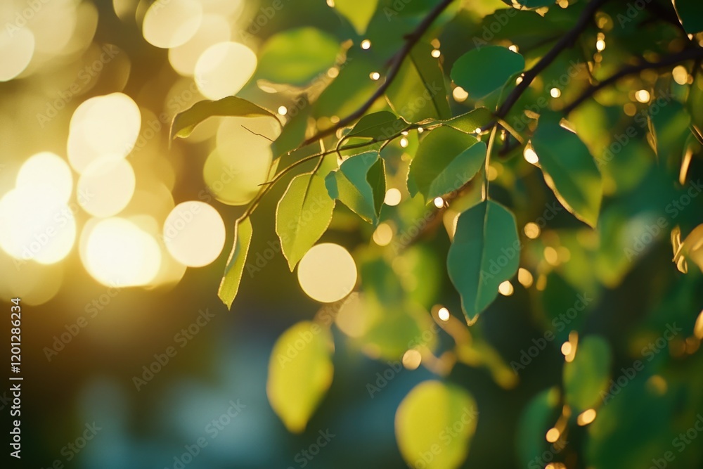 Poster a close-up shot of a leafy tree with the sun shining from behind, creating a warm and inviting atmos