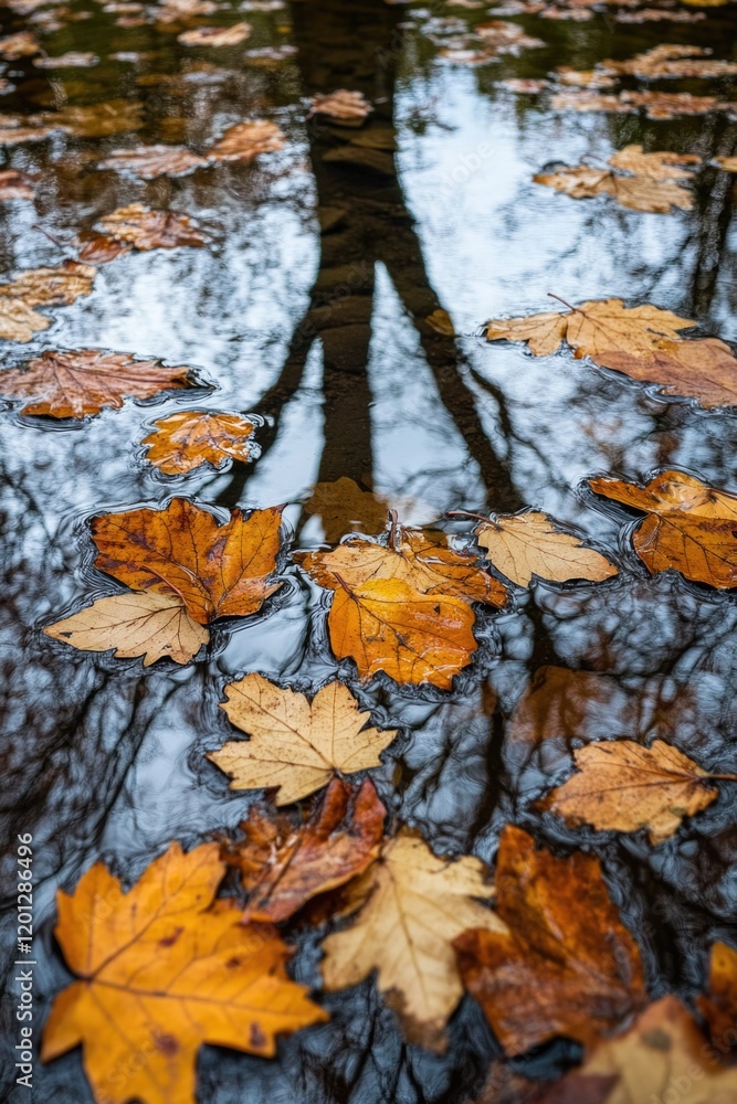 Poster a calm and serene scene with the reflection of a tree in a puddle of water, perfect for use in peace