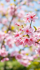 Obraz premium Pink cherry tree blossom flowers blooming in springtime against a natural sunny blurred garden banner background of blue and white bokeh, pixel art