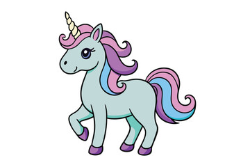 Adorable cartoon unicorn with a multi colored mane and golden horn, perfect for designs aimed at childrens books, toys, and imaginative projects