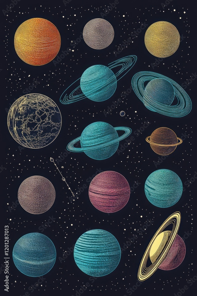 Poster a collection of planets on a dark background, ideal for use in space-themed designs and presentation