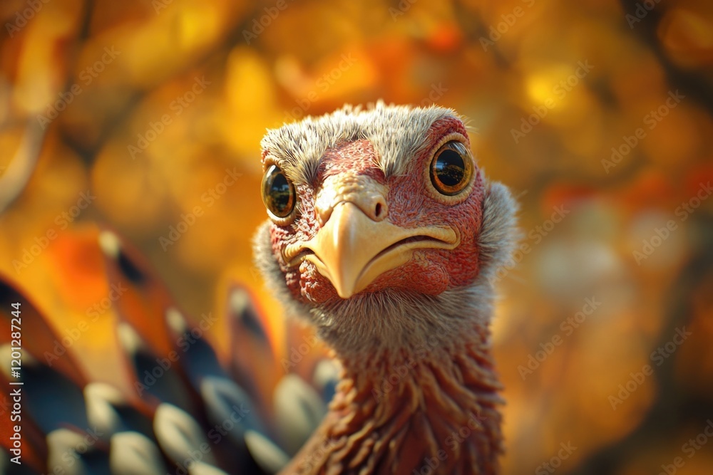 Poster a close-up view of a turkey's head amidst leaves, suitable for use in editorial or educational conte