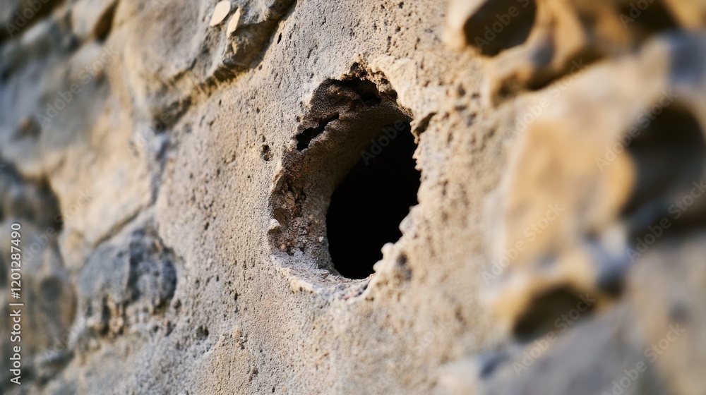 Poster a worn-out stone wall with a visible crack and hole, suitable for use in architectural or structural
