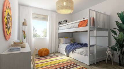Fashionable kids' room with a chic bunk bed, bold accents, and cozy decor, creating a stylish and comfortable environment