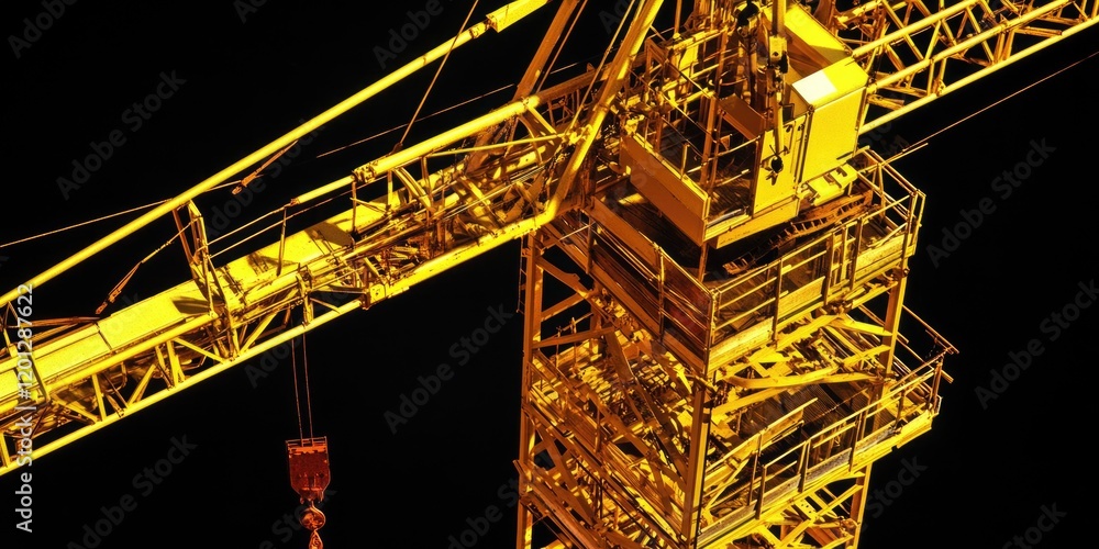 Poster a large crane is illuminated at night, highlighting its structure and machinery