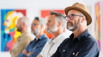A group of men with beards and glasses, dressed in casual attire, observing colorful artwork in a bright gallery setting.