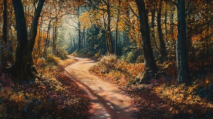 Obraz premium A winding footpath stretches through a forest bathed in warm autumnal light, with leaves of gold, orange, and crimson swirling gently in the breeze, creating a picturesque and magical scene