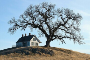 Historic house beside a large tree on a hill under a clear blue sky