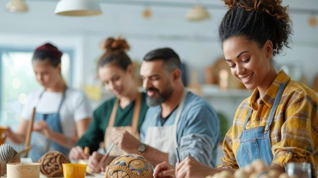 Creative team crafting together in a bright studio, focused on their projects and enjoying the collaborative atmosphere.