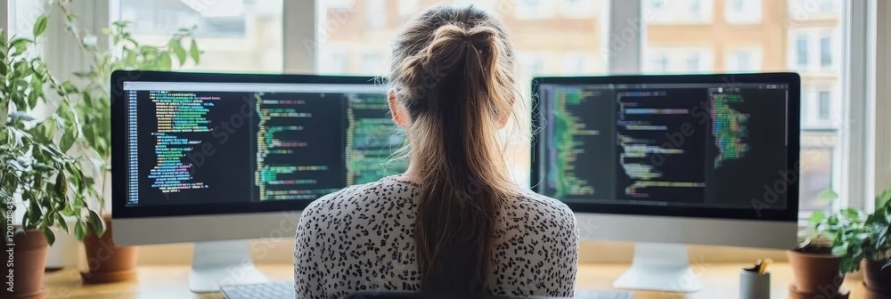 Poster female software developer working from home with dual monitors displaying code, remote work concept