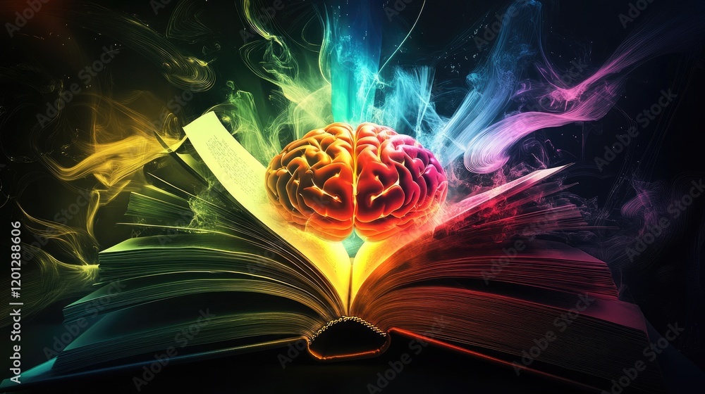 Poster illuminated brain emerging from open book pages