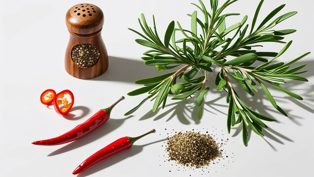 A rustic wooden board displays an array of colorful spices and herbs