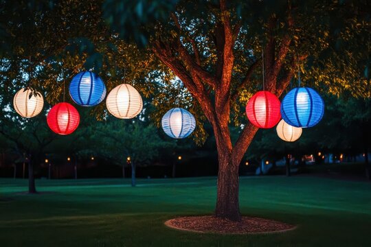 United States Lantern Festival: A group of red, white, and blue paper lanterns suspended from a tree, with soft light spilling over a grassy park, creating a peaceful yet patriotic ambiance, national 