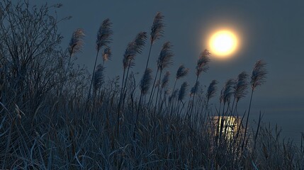 Moonlit landscape with tall grasses by a calm water surface.
