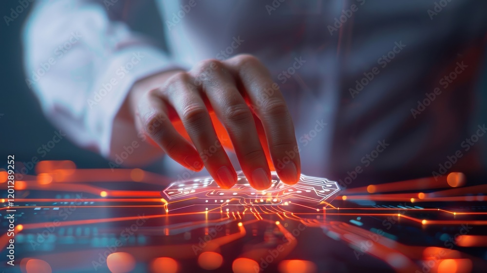 Poster a hand interacts with a digital interface, illuminated by glowing circuits, representing technology 