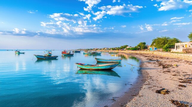 Peaceful Coastal Scene with Fishing Boats