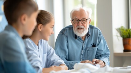 A senior man engages in conversation with two young people at a table in a bright, modern setting.