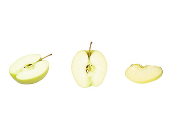 Green apple. Apples on white background. Whole, half, slice green apple set with clipping path.