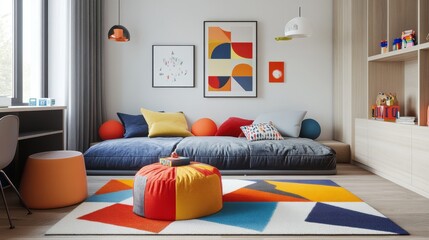Stylish children's room with a bold geometric rug, modern furniture, and vibrant decor, creating a chic and cheerful living space
