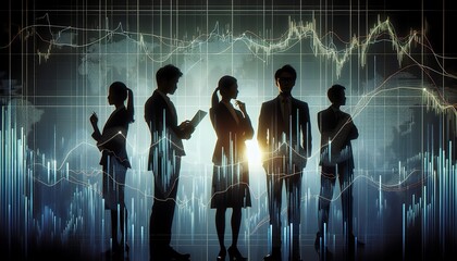Silhouettes of business professionals analyzing financial charts and data against a digital backdrop, conveying teamwork and strategic planning in a modern corporate environment.
