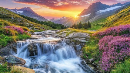 Majestic Mountain Sunset Waterfall Scene