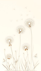 Dandelions blowing, flat papercut style, with white tones