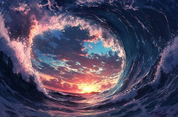 Surreal sunset sky viewed from inside a massive ocean wave.