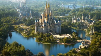 Fototapeta premium Majestic Castle Enchanting Lake Lush Green Landscape