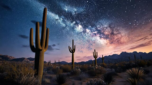Majestic desert night sky filled with stars over cacti and mountains in Arizona