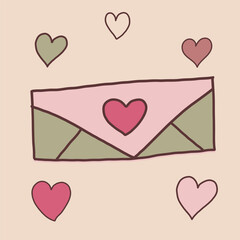valentine hearts background. Hand-drawn envelope with a heart and scattered hearts in pastel colors. Cute Valentine&rsquo;s Day illustration