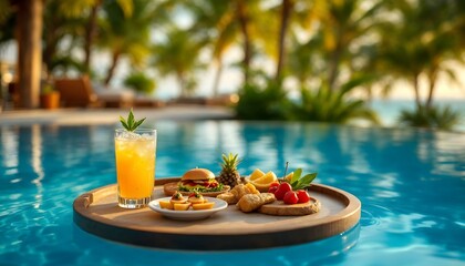 A floating tray featuring drinks and delicious food on a table by the pool, highlighting a sophisticated vacation setting