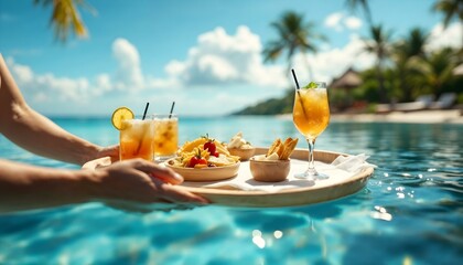 A floating tray with drinks and gourmet food on a table beside a luxurious pool, embodying a resort vacation vibe