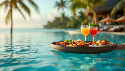 A luxurious floating tray filled with drinks and food, elegantly placed on a table by the pool, perfect for relaxation